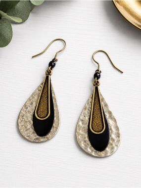 🖤Textured Teardrop Earrings in Gold and Black - Women's Jewelry